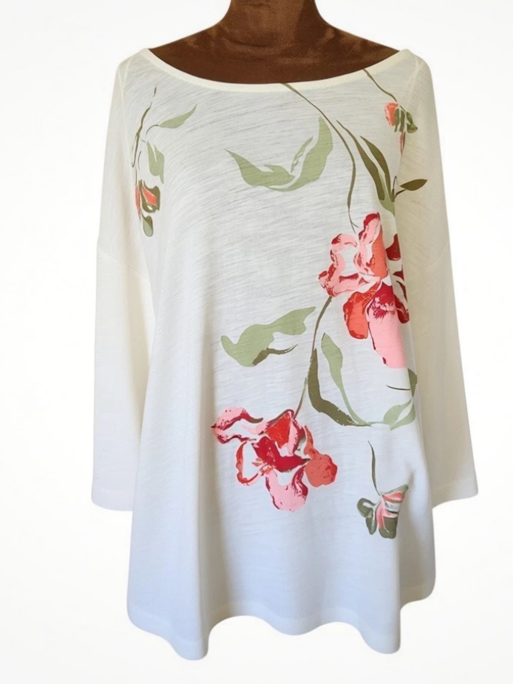 Joie New Cream Boatneck Top with Pink Floral Print and Green Leaves Size 2XL